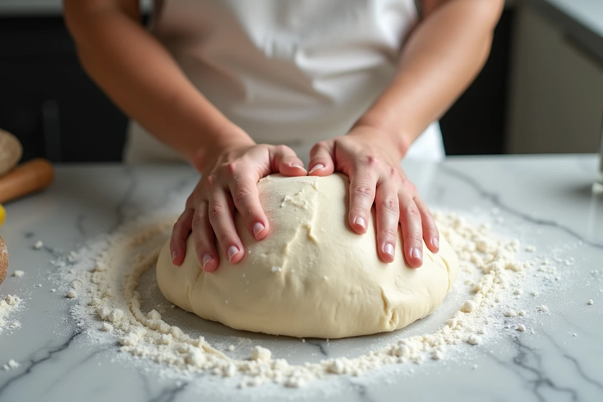 Mains pétrissant la pâte de levain maison sur plan de travail