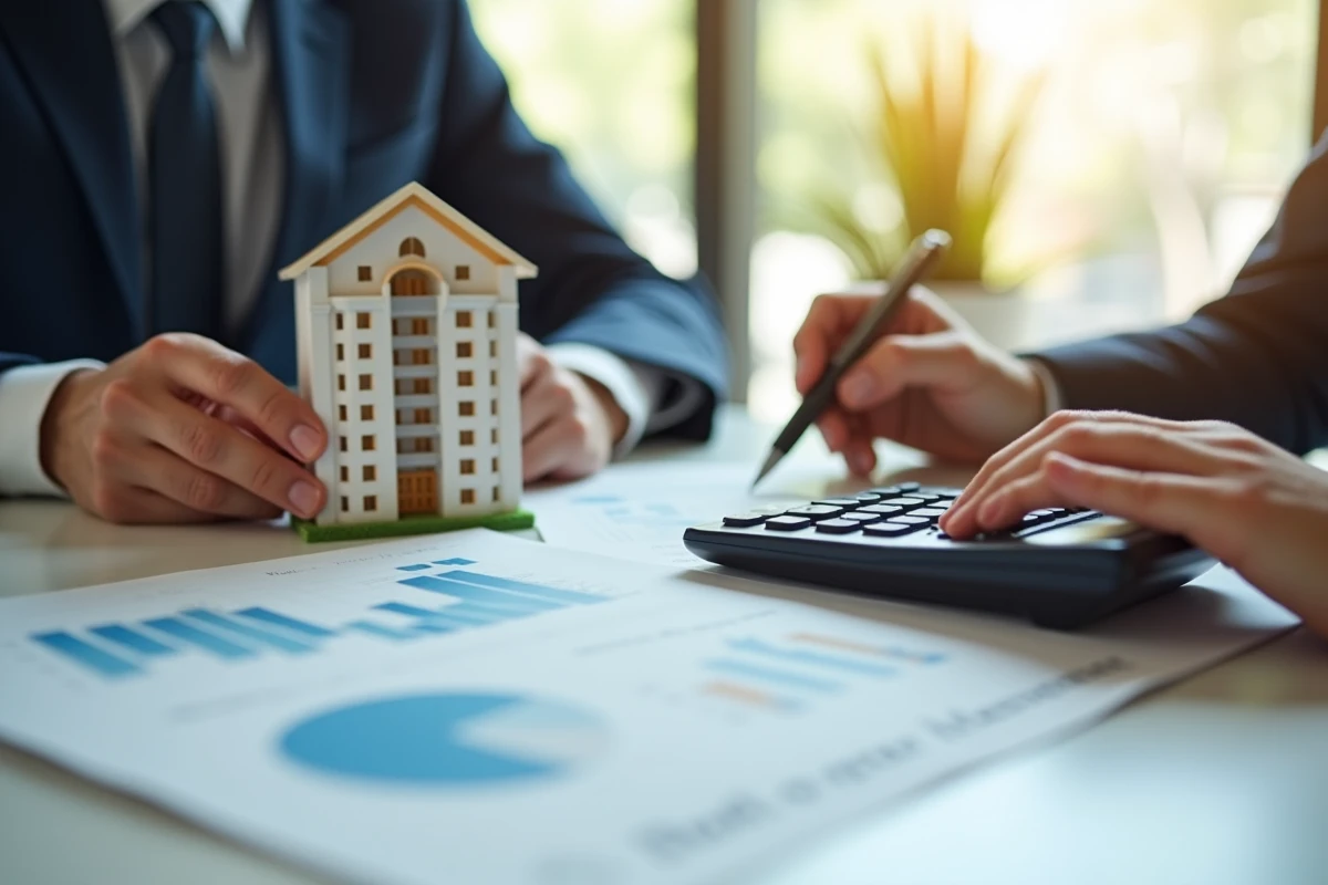 Mains tenant une maquette d'immeuble et des documents d'investissement SCPI