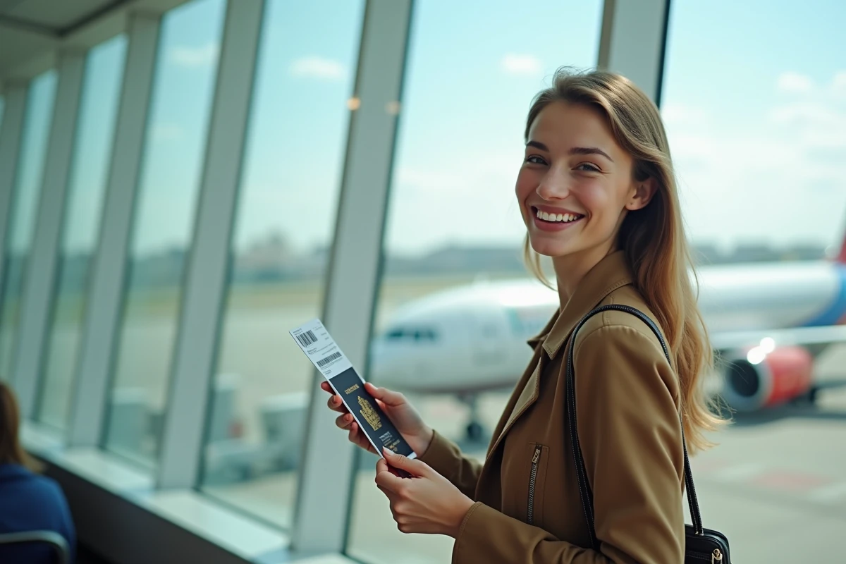 Voyageur heureux avec billet d'avion et passeport obtenu à bon prix
