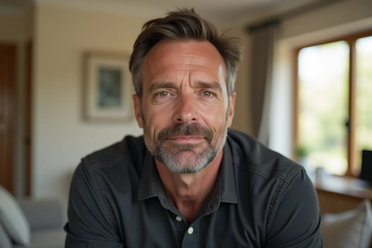 Homme d'âge moyen montrant l'harmonie faciale et l'importance du menton dans l'équilibre des traits