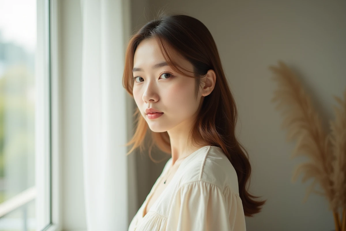 Femme en lumière naturelle montrant l'harmonie entre le menton et les traits du visage