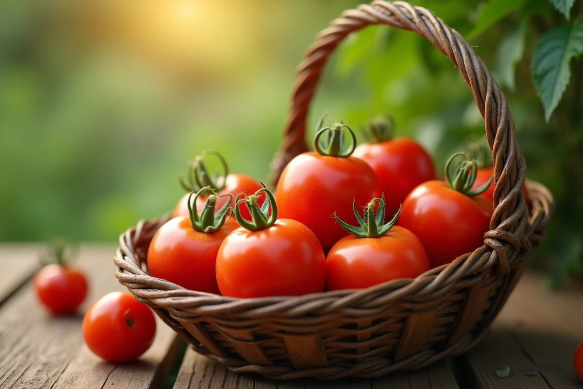 Panier de tomates fraîches récoltées posé sur une table de jardin