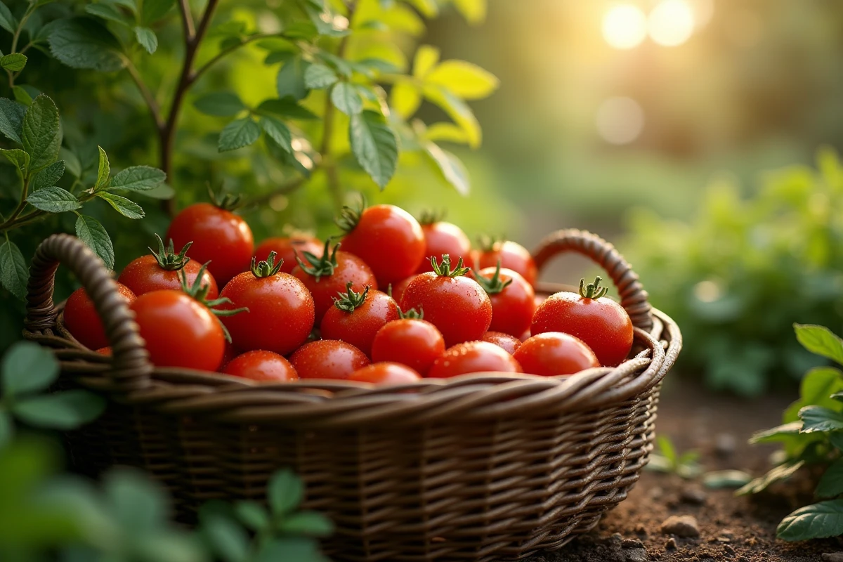 Panier de tomates fraîchement récolées au jardin avec gouttes de rosée