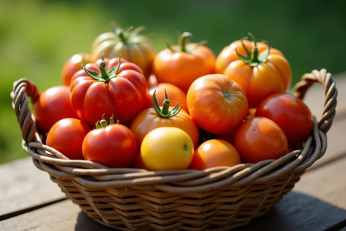 Panier de tomates fraîchement récoltées de différentes variétés sur table en bois