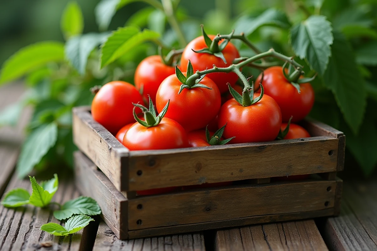 Récolte de tomates fraîches cultivées à domicile dans une caisse rustique