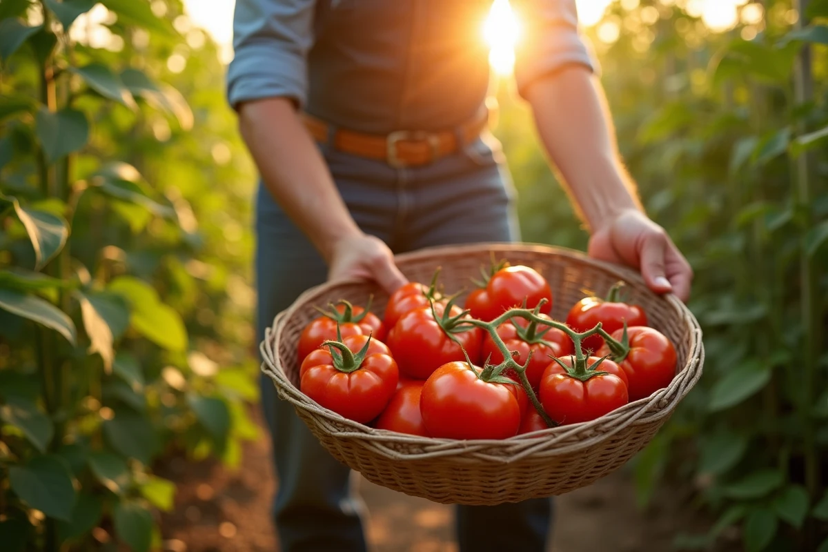 Récolte de tomates fraîches et mûres dans un panier en bois dans un jardin d'été
