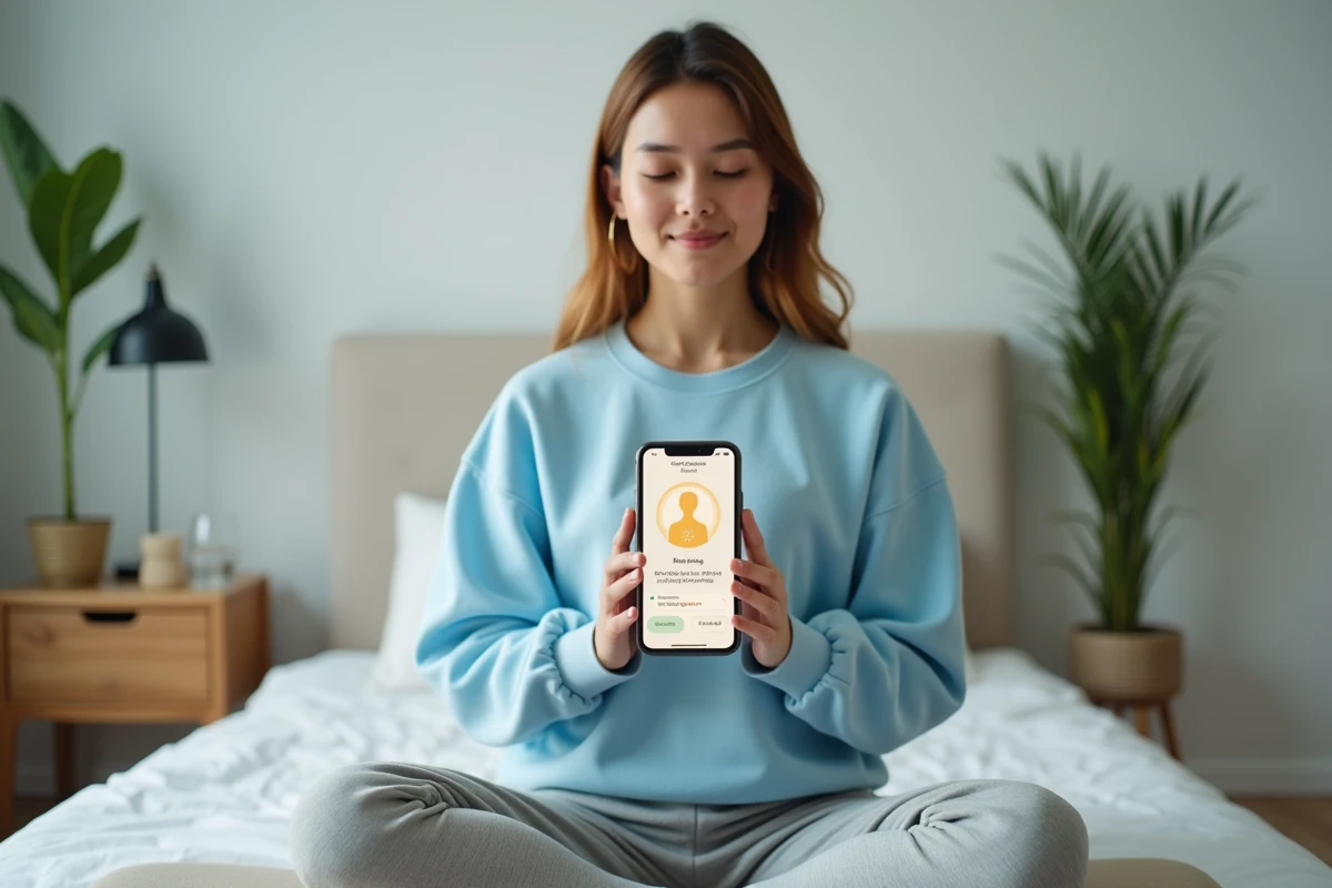 Jeune femme découvrant l'application Headspace sur son smartphone, représentant une méditation guidée pour débutants