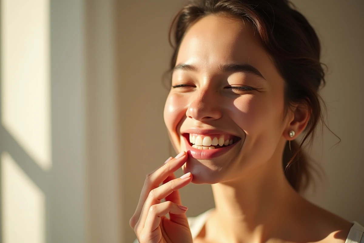 Femme souriante au visage sans bouton de fièvre montrant une peau saine et claire