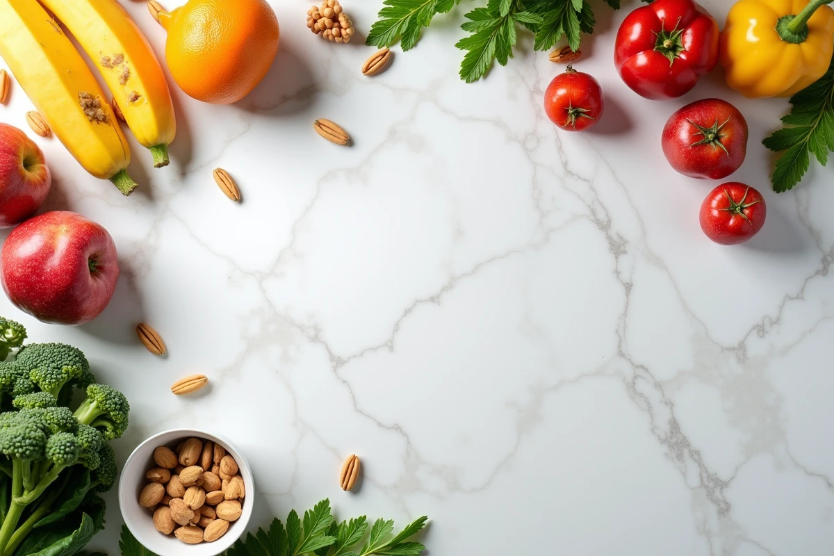 Aliments sains et équilibrés pour le jeûne intermittent - vue de dessus