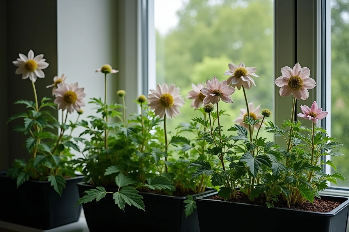 Hellébores et astilbes en fleurs sur balcon ombragé avec fleurs délicates