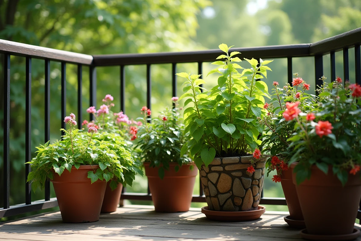 Heuchera, ajuga et bégonias tolérantes à l'ombre aménagées sur un balcon nord