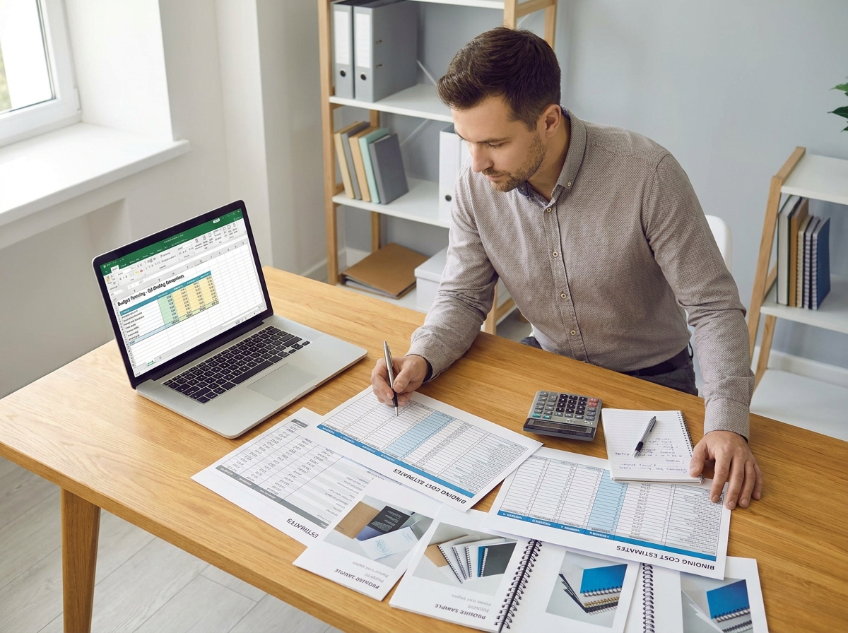 homme en home office comparant devis reliure brochure et coûts d'impression sur ordinateur portable avec échantillons