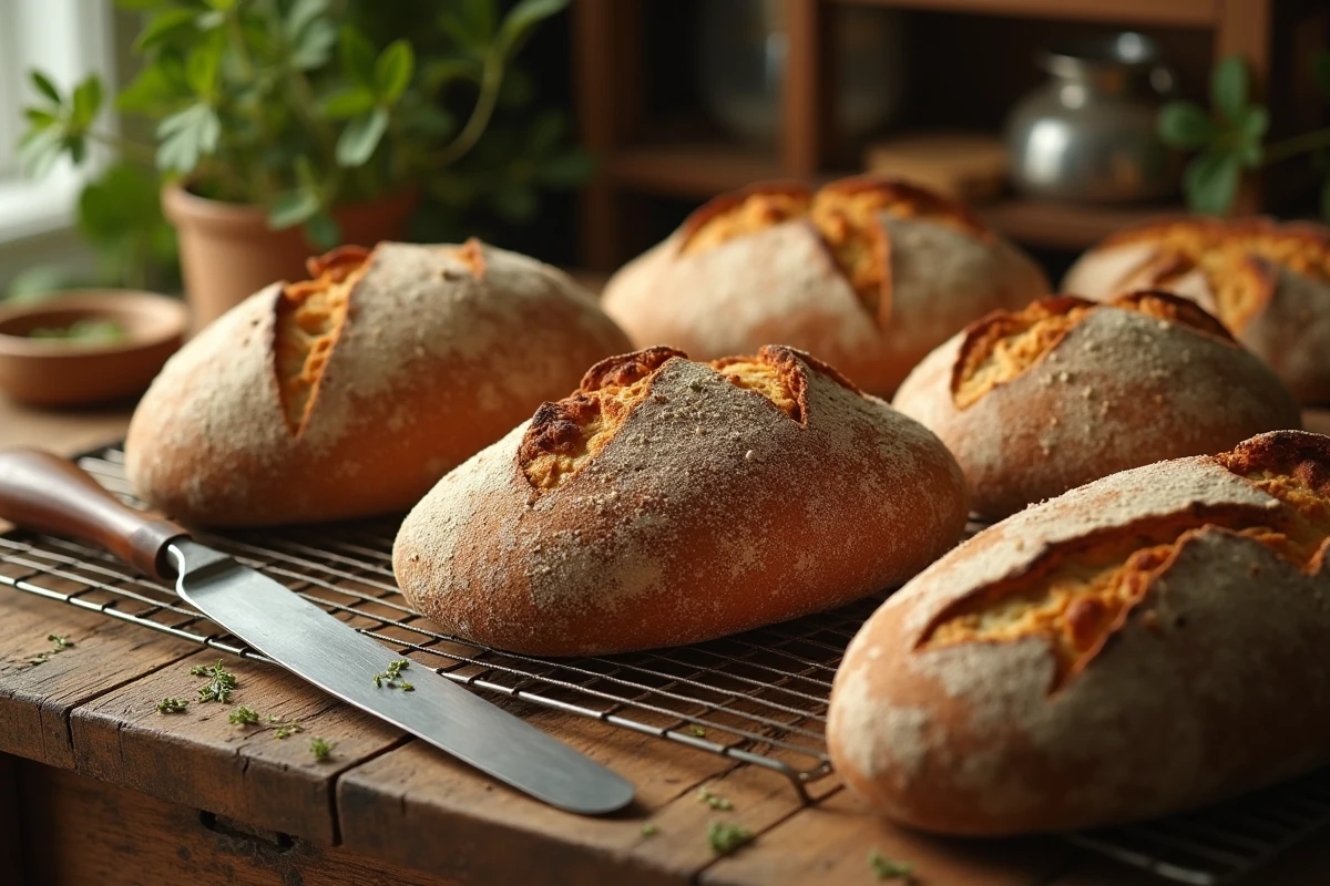 Collection de pains au levain maison artisanaux refroidissant sur table