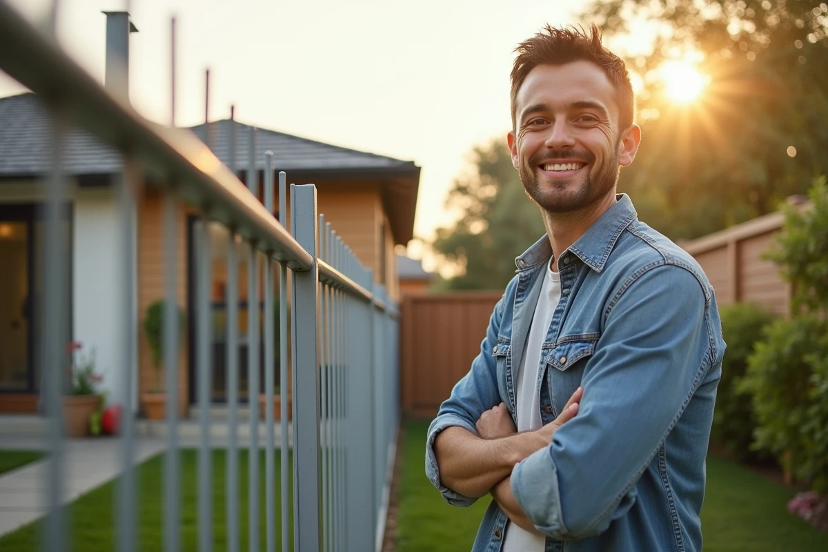 Propriétaire satisfait devant sa nouvelle clôture en aluminium dans un jardin moderne