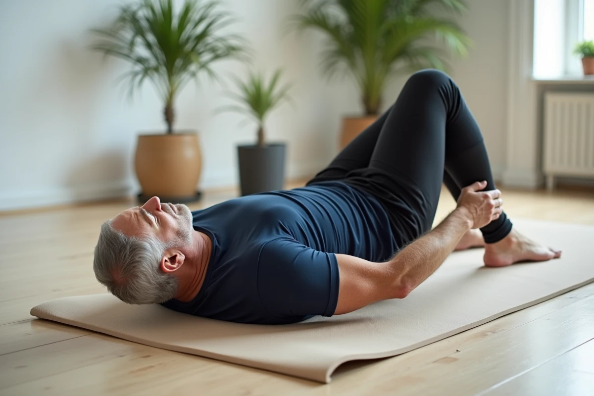 Homme senior effectuant des exercices de Pilates sur tapis dans une ambiance zen avec plantes et lumière naturelle
