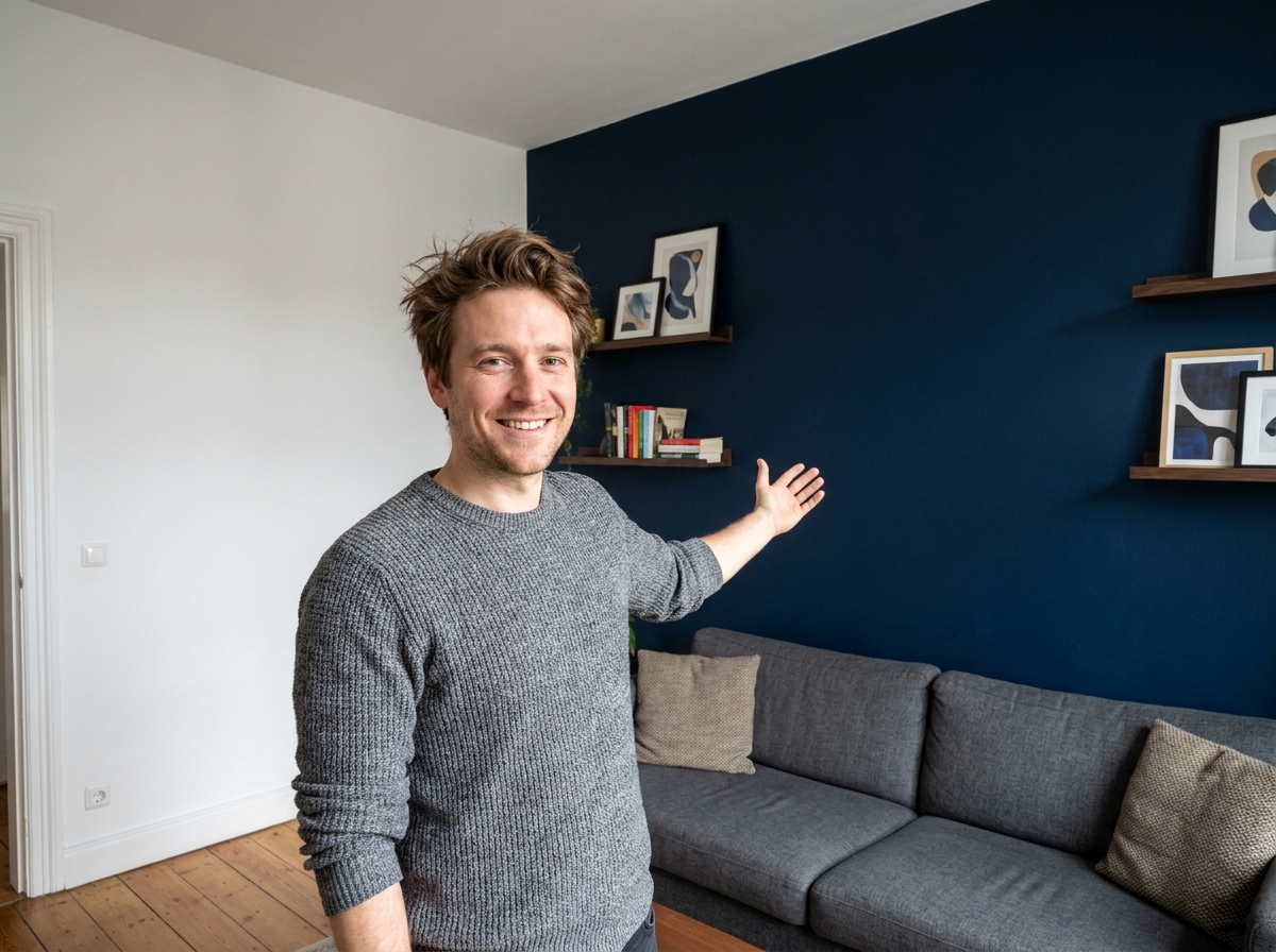 Homme appréciant la transformation d'un salon avec un mur bleu marine, illustrant l'impact dramatique d'un changement de couleur murale