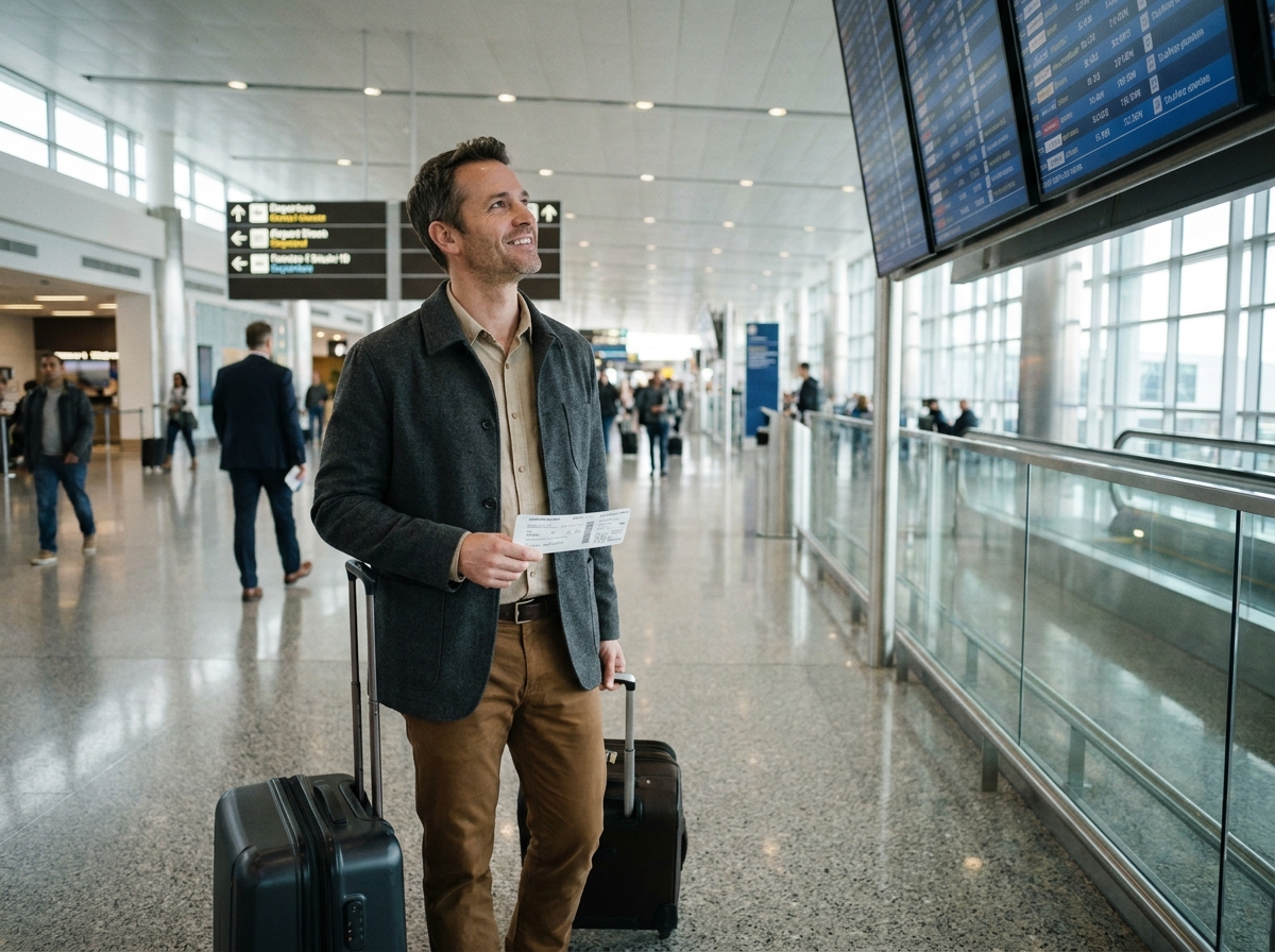 Homme à l'aéroport consultant les tarifs des vols avec satisfaction après avoir trouvé une bonne affaire