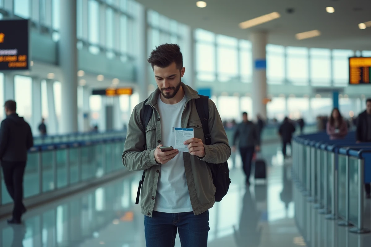 jeune homme à l'aéroport consultant son téléphone avec sa carte d'embarquement pour un vol économique