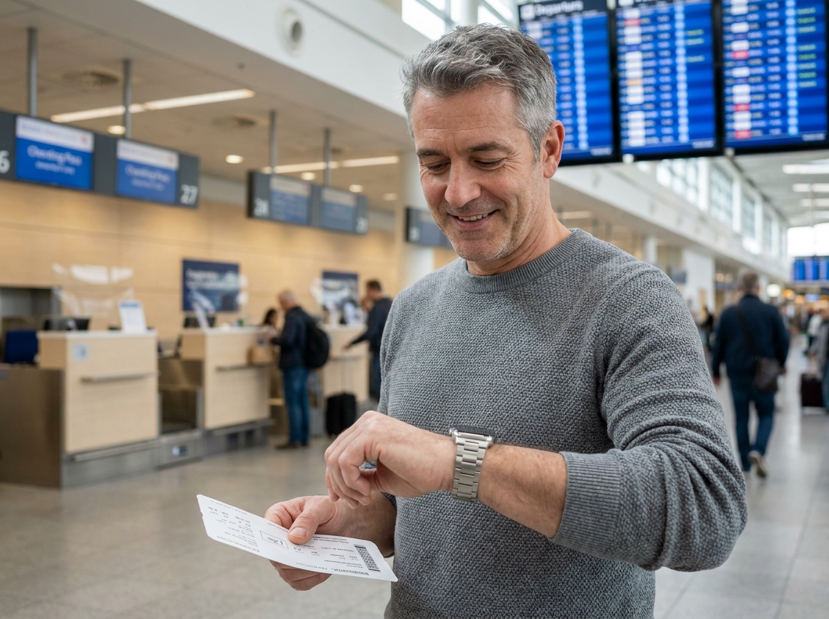 Homme à l'aéroport consultant sa carte d'embarquement et regardant sa montre intelligente
