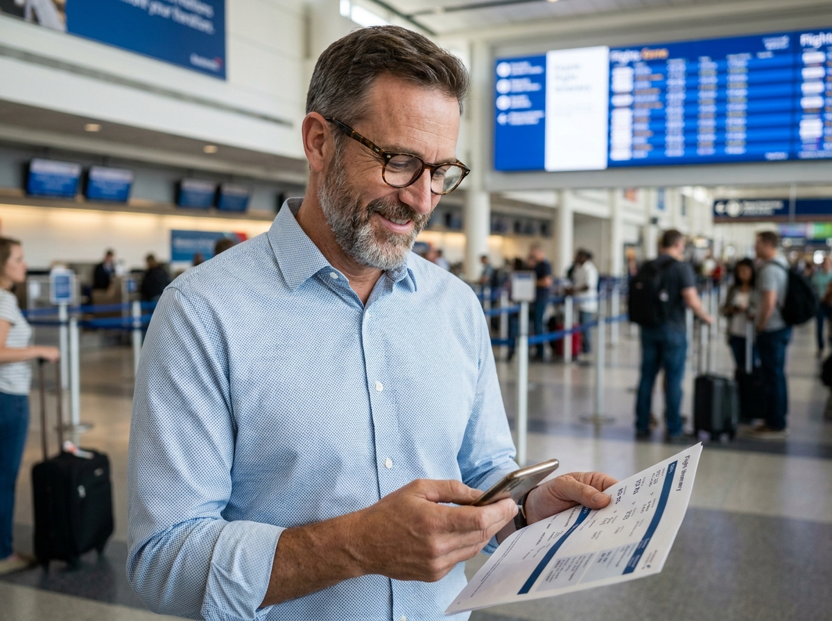 Homme d'âge moyen à l'aéroport consultant son billet d'avion moins cher sur son téléphone