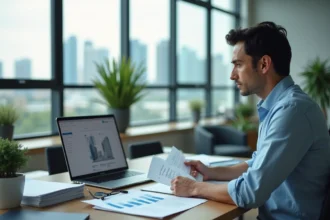 Homme d'affaires consultant des documents SCPI et un portefeuille immobilier sur ordinateur portable dans un bureau moderne avec vue sur la ville