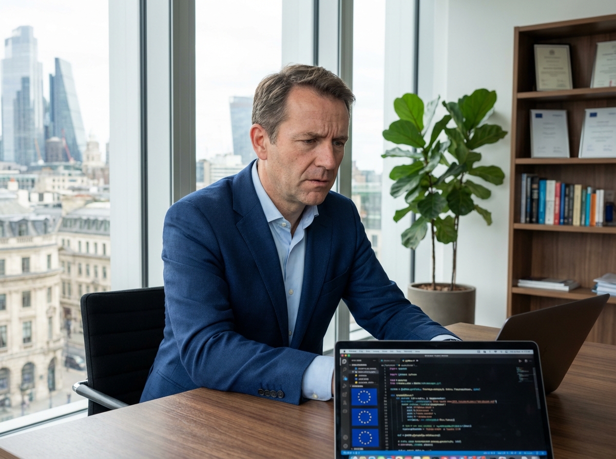 Homme d'affaires européen en costume bleu regardant un ordinateur