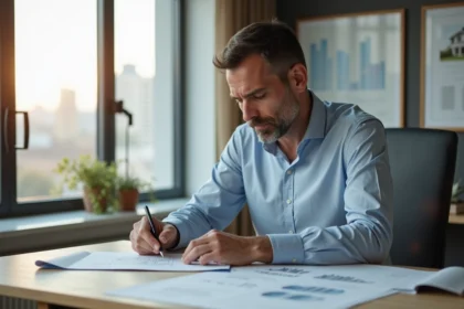 Homme d'affaires étudiant des documents d'investissement immobilier et plans architecturaux à son bureau moderne avec vue sur la ville