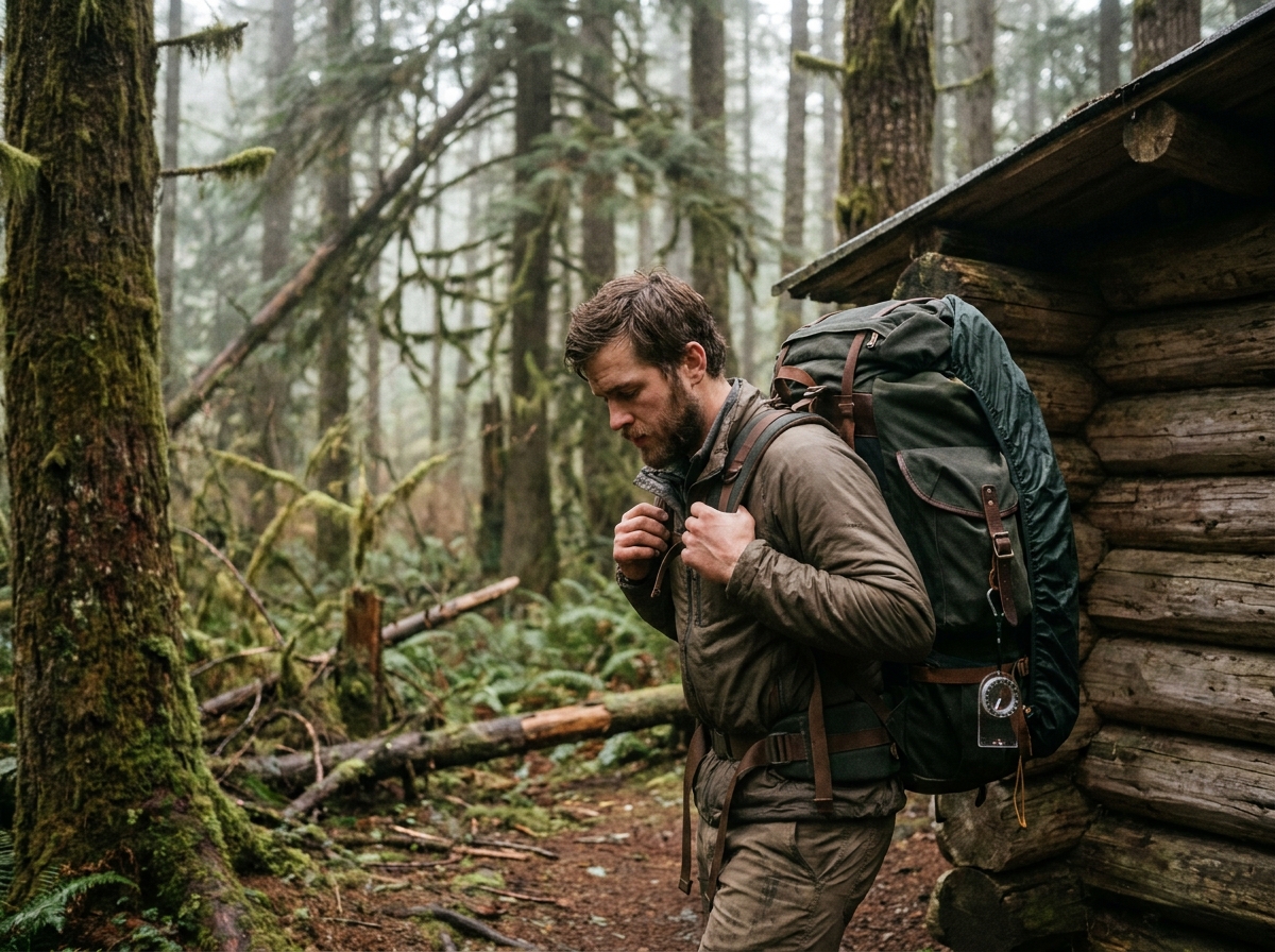Jeune homme ajuste les sangles de son sac à dos de randonnée en forêt, en pleine préparation pour une expédition multi-jours