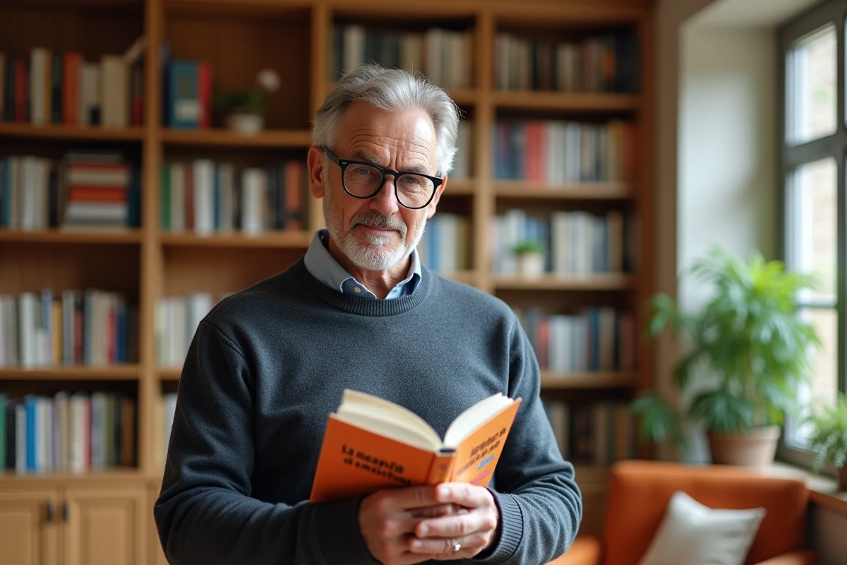 Homme adulte consulte 'La Semaine de 4h' devant une bibliothèque riche de livres de développement personnel