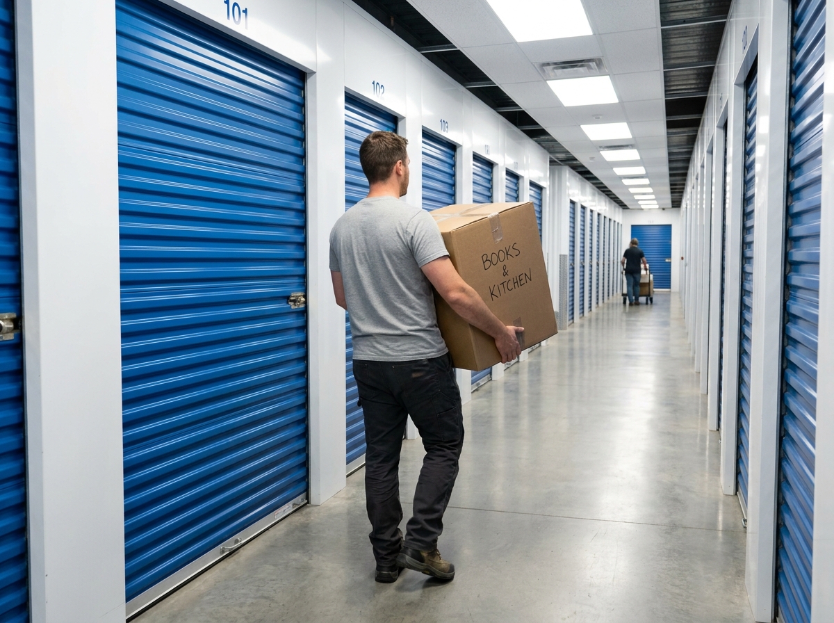 Homme transportant un carton vers un box de stockage moderne avec portes métalliques bleues numérotées