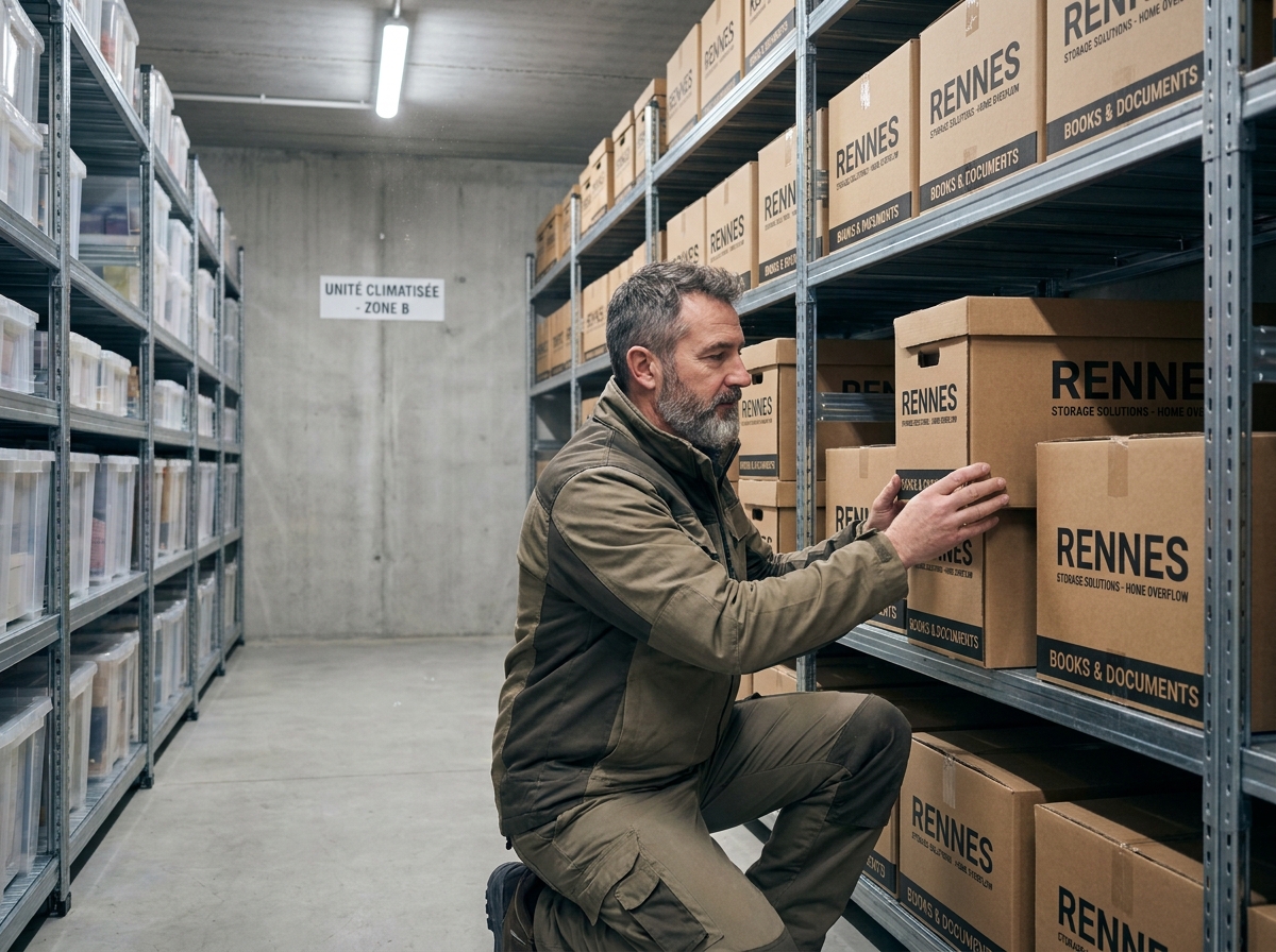 homme organisant des cartons dans un box de stockage climatisé à Rennes, solution de rangement professionnel