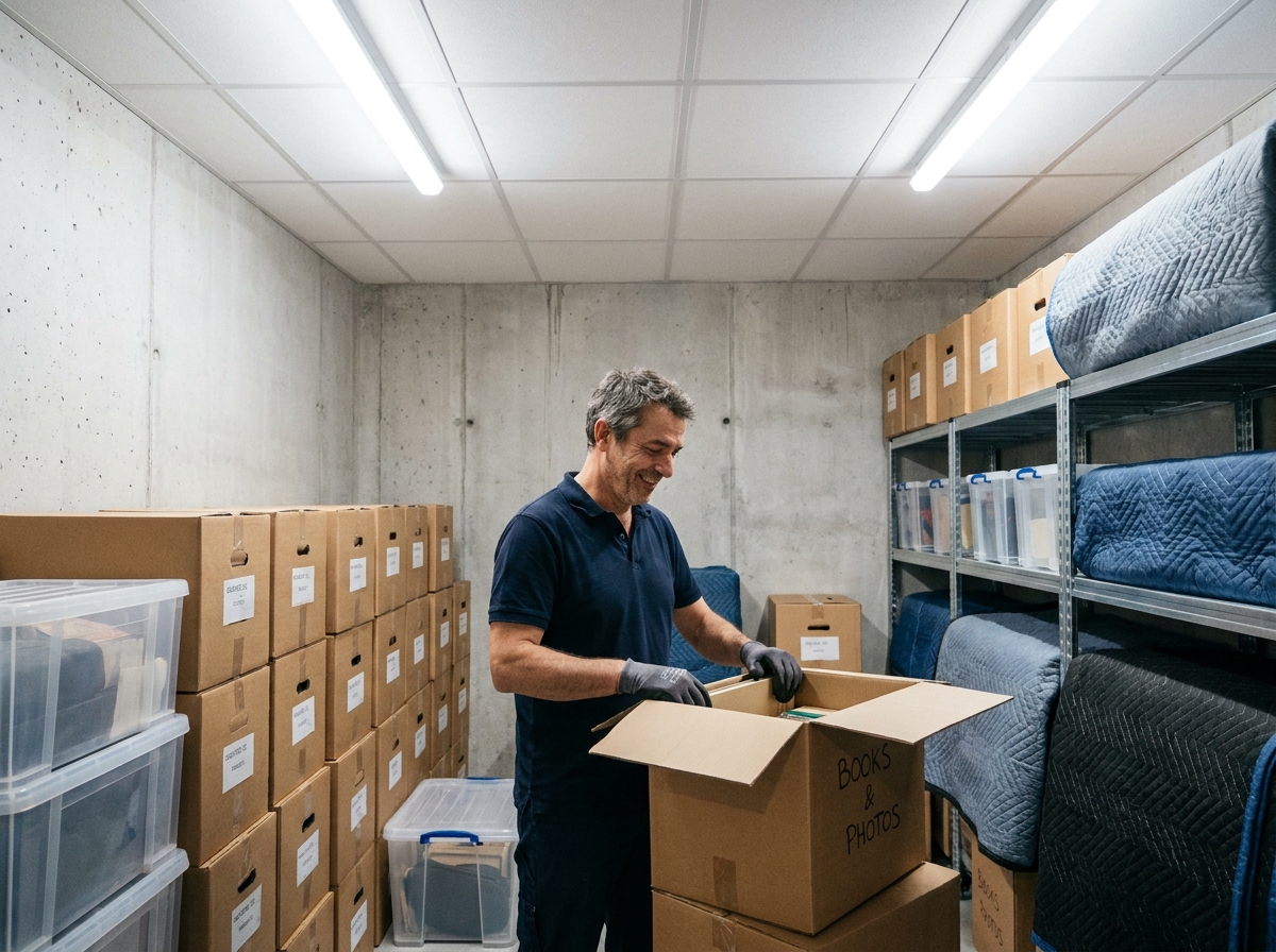 Homme consultant ses affaires stockées dans un box de rangement moderne à Rennes, illustrant une solution d'entreposage organisée et sécurisée