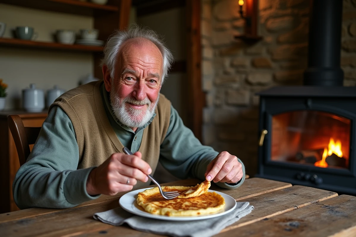 homme breton dégustant une crêpe bretonne authentique, intérieur cottage pierre traditionnel, vraie recette bretonne
