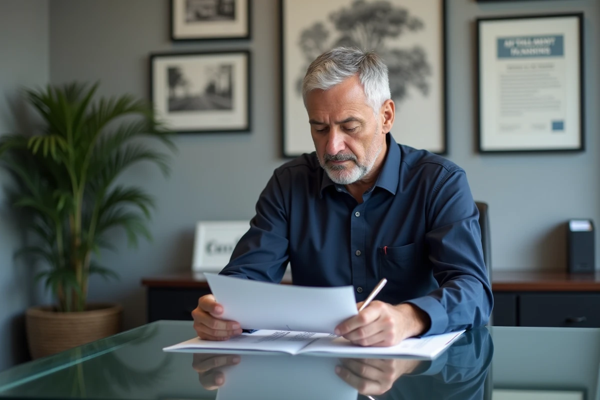 homme consultant brochure retraite dans bureau conseiller financier pour choisir assurance vie ou per