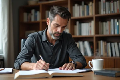Homme d'affaires lisant 'La Semaine de 4h' à son bureau avec notes et café, environnement professionnel calme et organisé