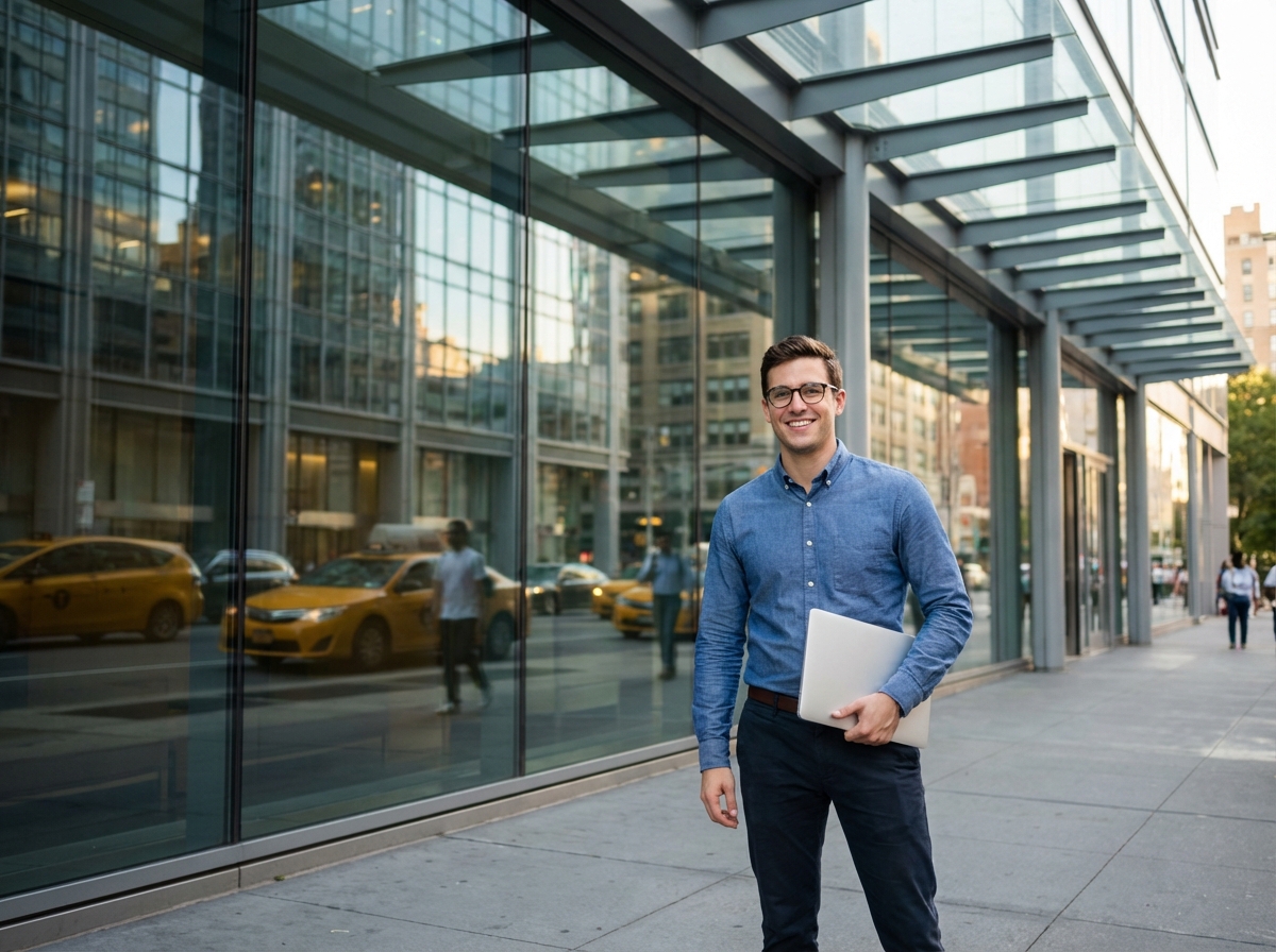 Homme devant un bâtiment moderne cloud français