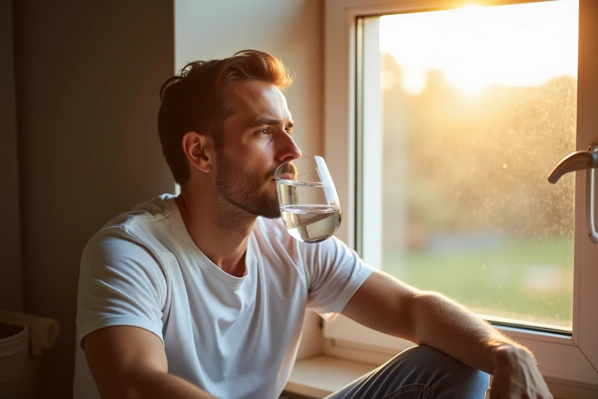 Homme en bonne santé buvant de l'eau pendant une période de jeûne intermittent