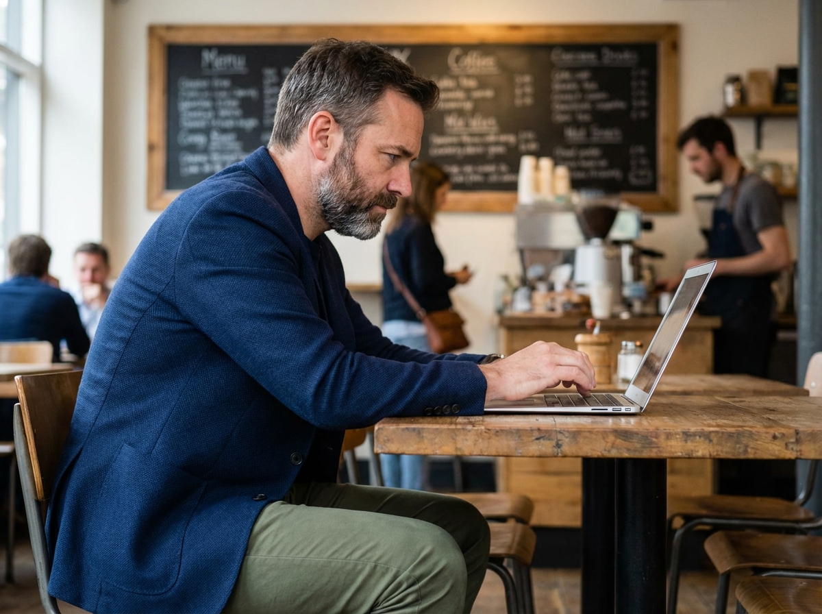 Homme dans un café utilisant un ordinateur