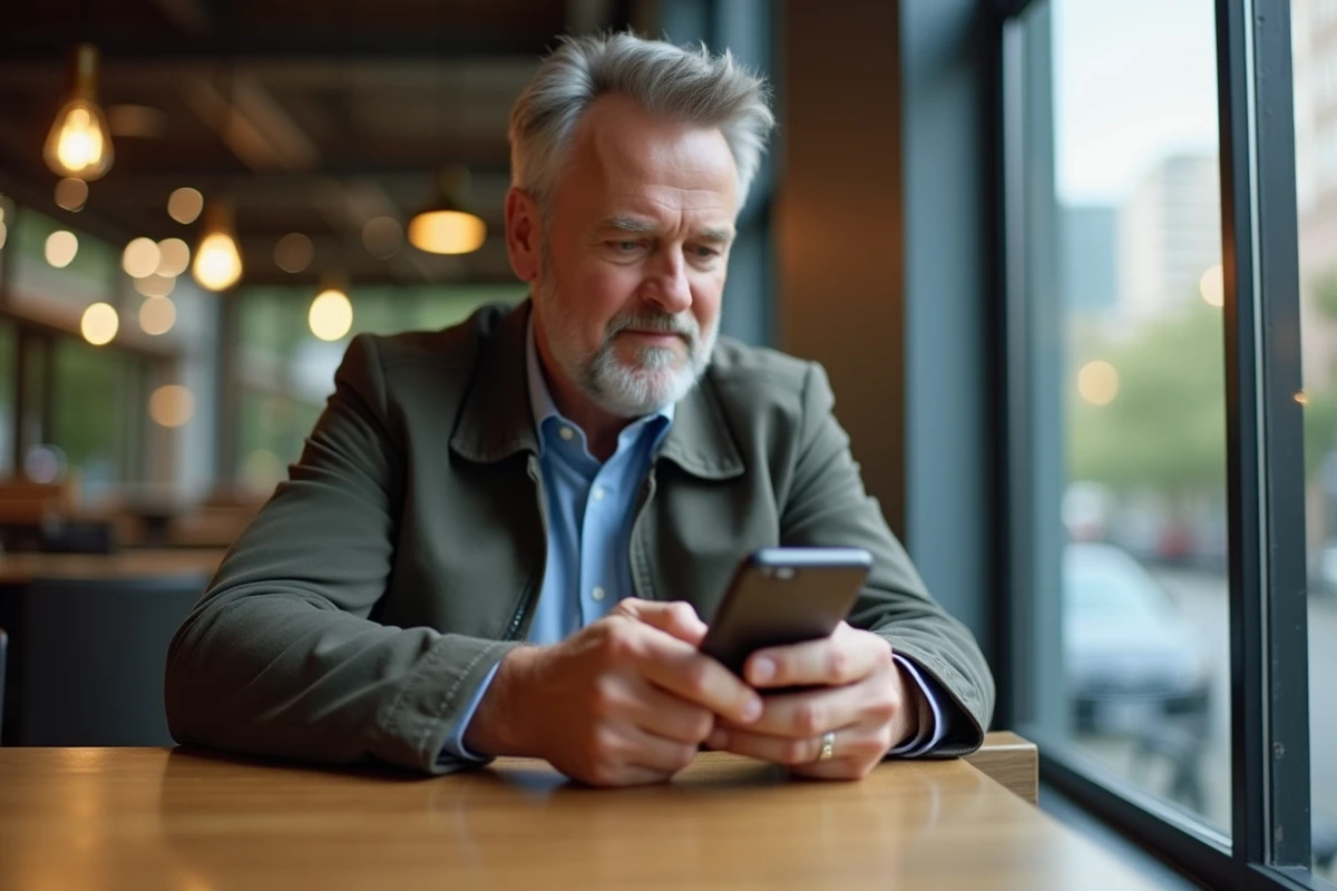 Homme testant un smartphone haut de gamme dans un café urbain
