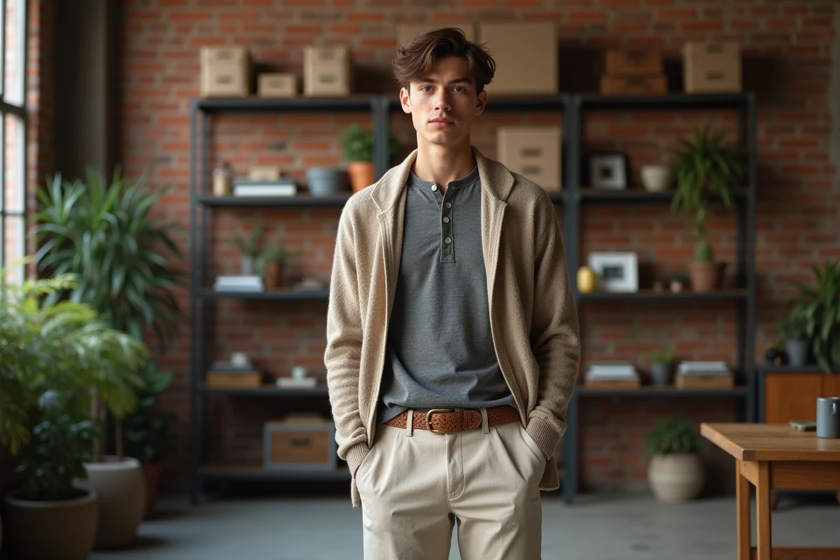 Homme portant cardigan laine beige et lin naturel dans studio atelier brique exposée style vintage