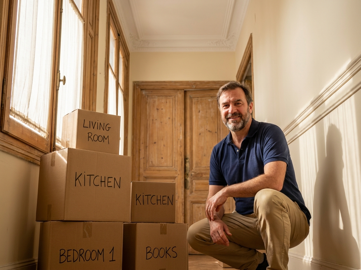 Homme organisant les cartons de déménagement dans un couloir élégant d'appartement haussmannien de Neuilly