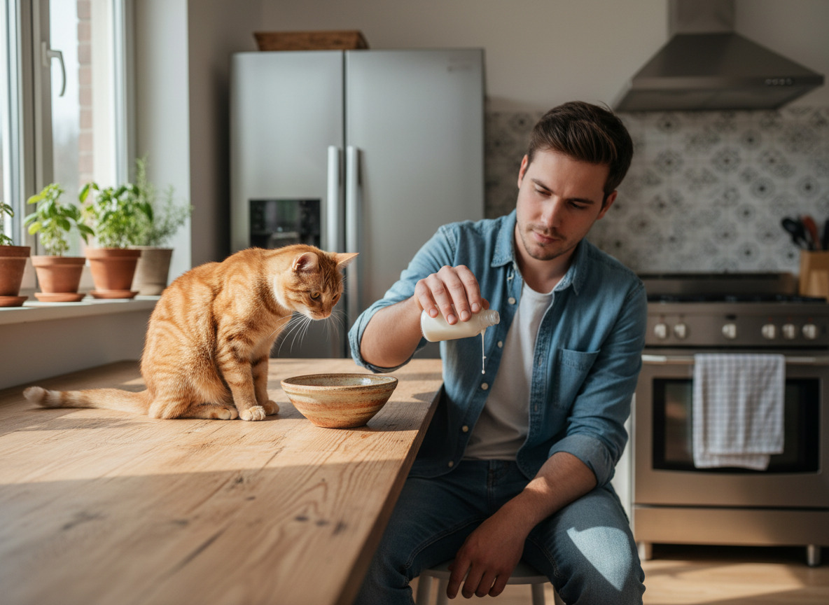 Jeune homme donnant du lait à son chat dans la cuisine