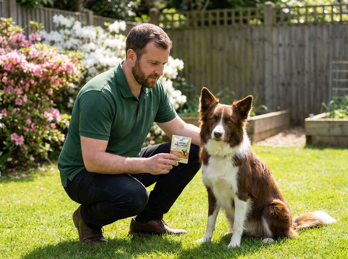 propriétaire donnant un complément nutritionnel à son chien border collie en jardin