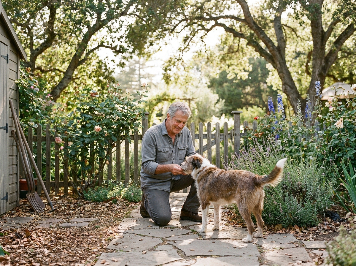 Homme donnant des compléments alimentaires à un chien dans un jardin naturel et paisible avec une maison en arrière-plan