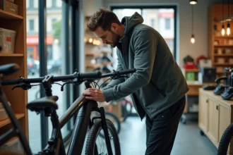 homme adulte examinant un vélo électrique dans un magasin spécialisé avec passion et attention
