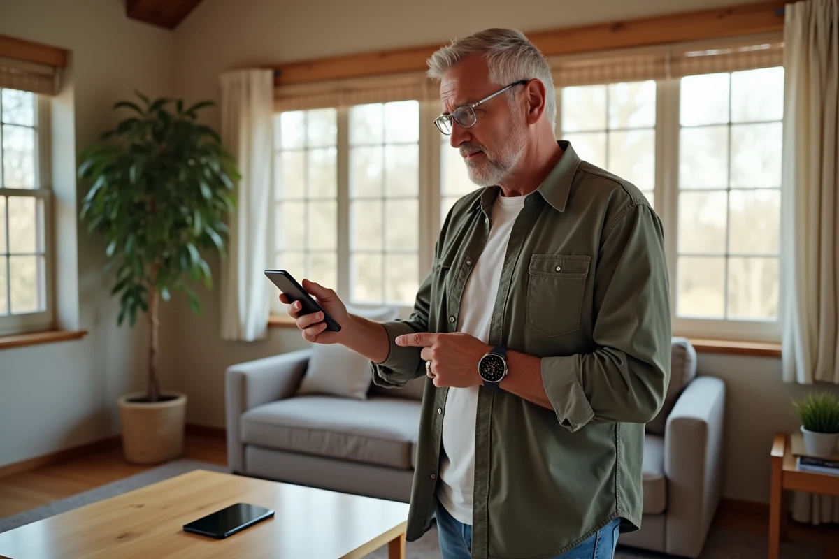 homme de quarante ans évaluant deux téléphones haut de gamme dans un salon confortable