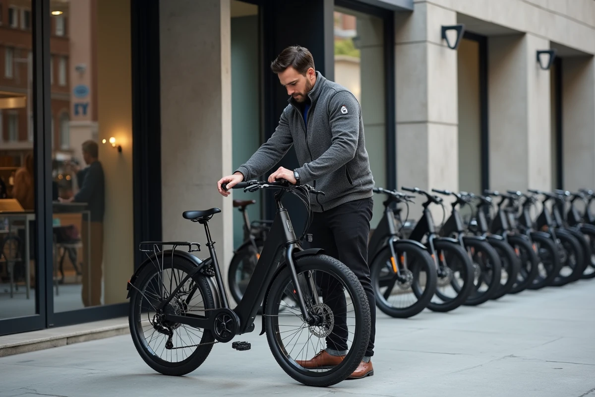 Homme de 42 ans en veste grise examinant les commandes d'un vélo électrique noir devant une boutique de cycles urbaine moderne