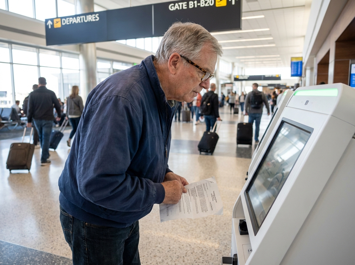 Homme examinant une liste de vols à un kiosque d