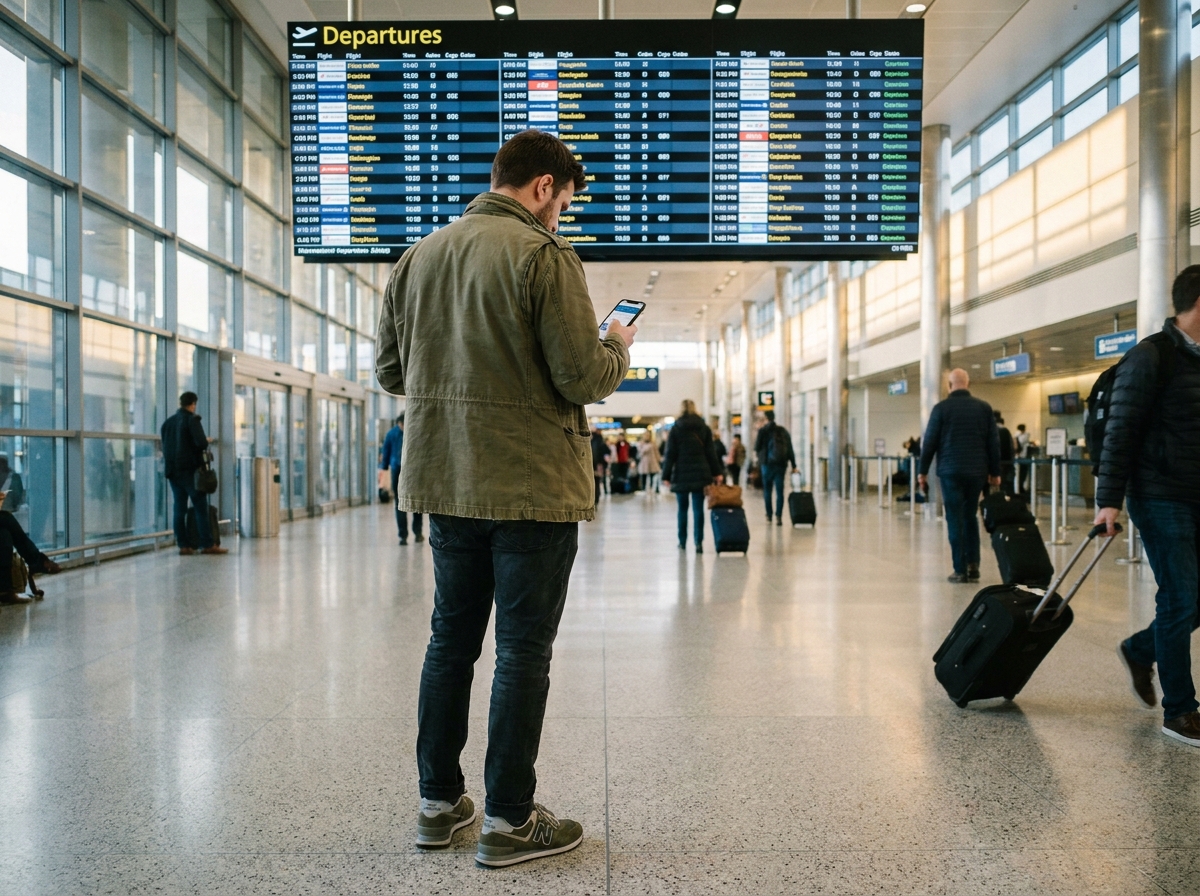 Homme devant panneau de départs à l