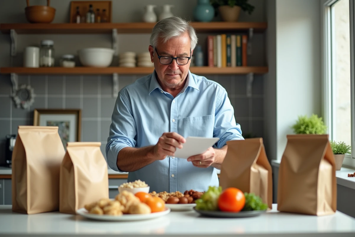 homme comparant les options de nourriture pour animaux domestiques moins chères et équilibrées en consultant les étiquettes nutritionnelles
